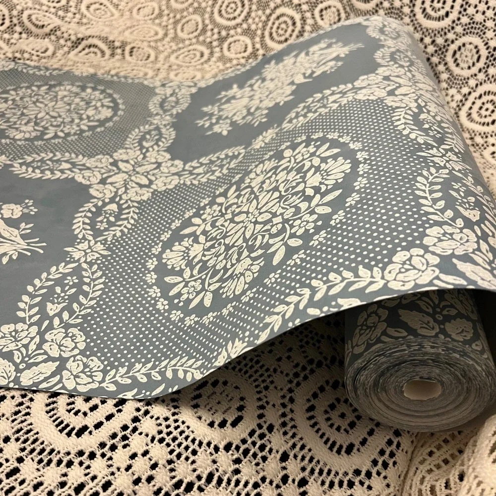 Vintage Vinyl Blue White Damask Wallpaper | 1 Full Roll | Cottagecore